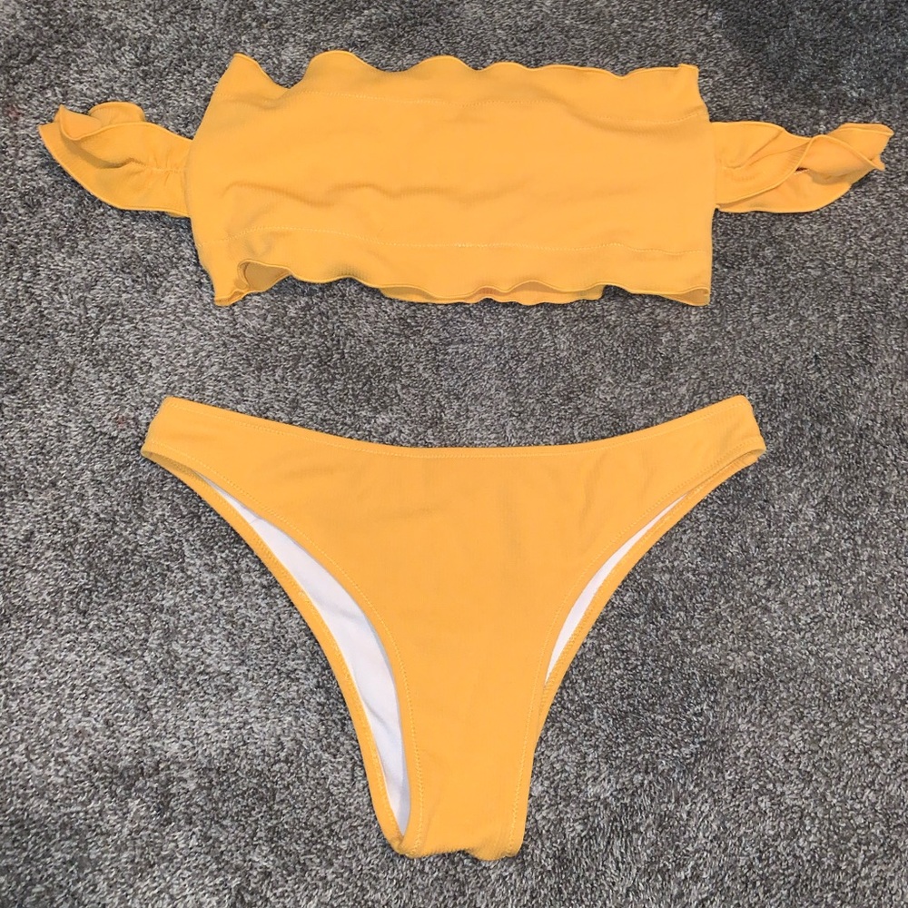 yellow off the shoulder ribbed bikini